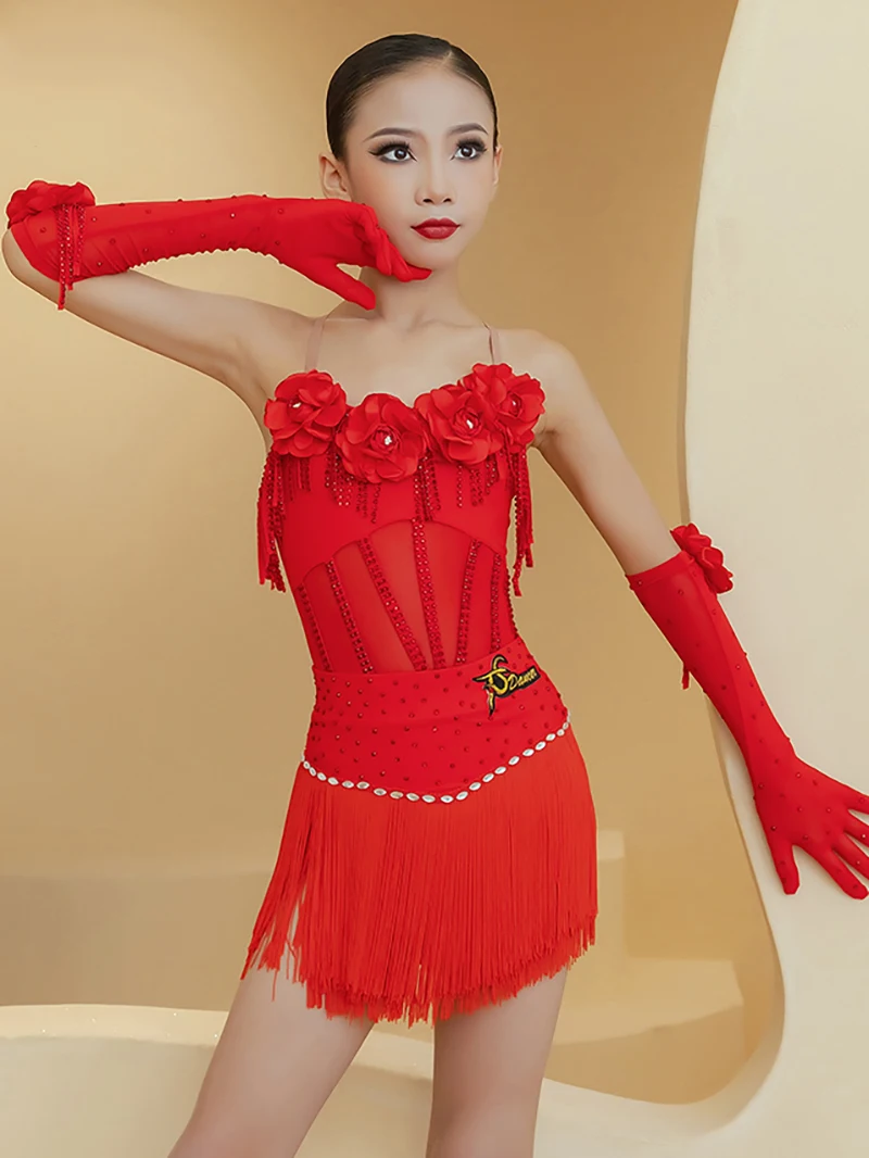 

Black Red Children Ruffles Tassels Mesh Latin Dance Practice Dress Kids Girls Rumba Chacha Performance Competition Costume