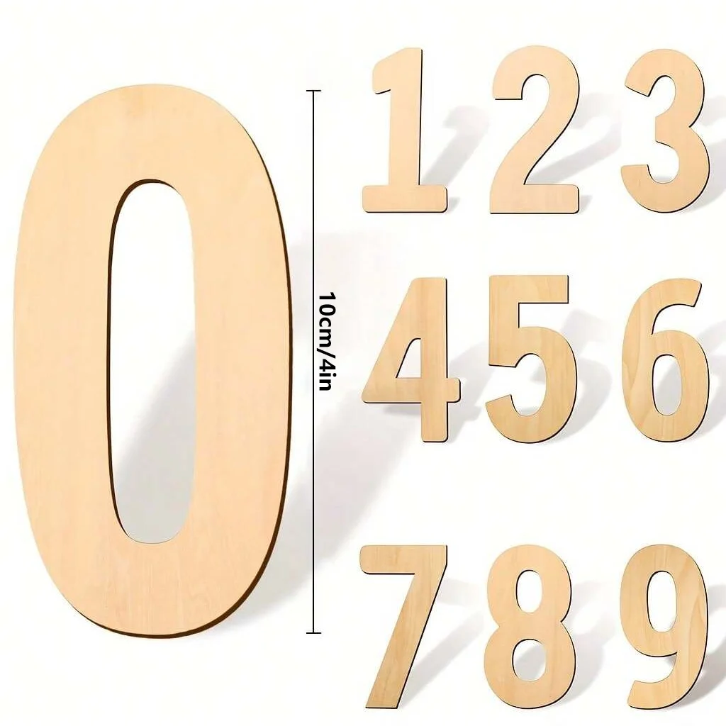 10-Piece Wooden Numeral Shaped Slabs Set DIY Painting Graffiti Crafts Arabic Numerals Wooden Ornaments for Home Decoration
