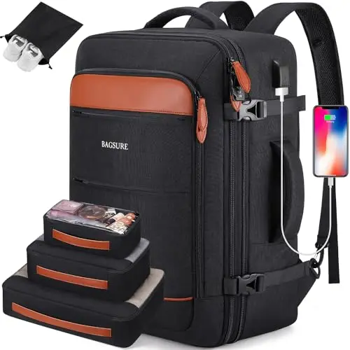 

Рюкзак Bagsure Travel Backpack, 42 л, одобренный для авиаперелетов, расширяемый, с отделениями для ноутбука, упаковочных кубиков и карманом для обуви.