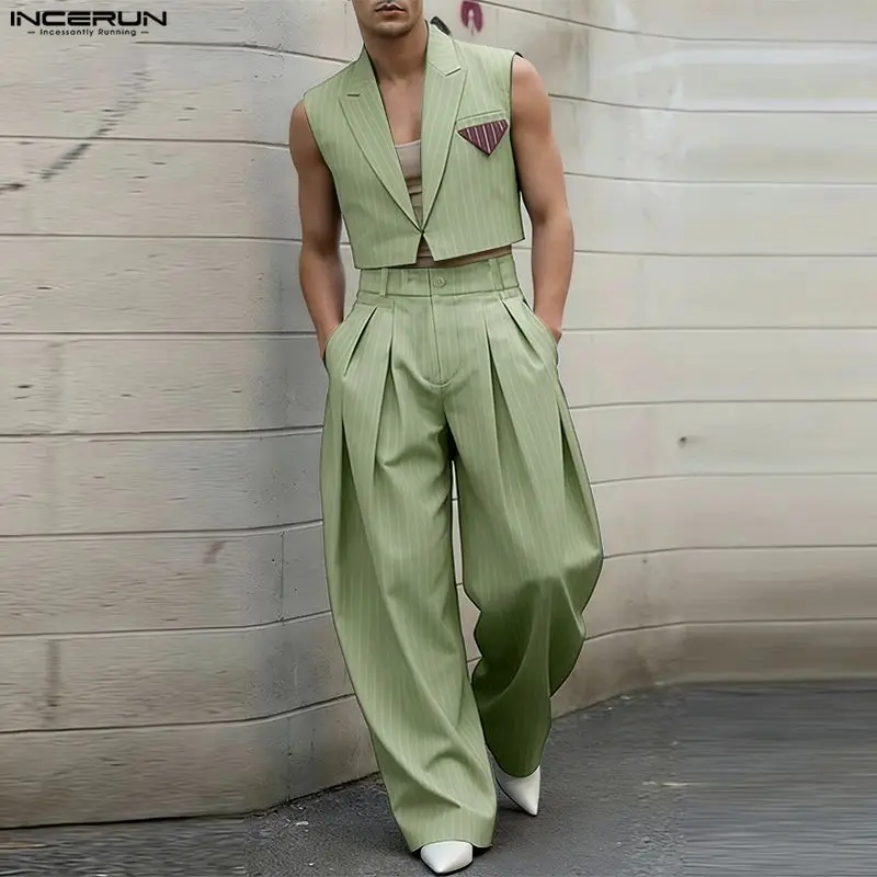 

Мужские комплекты INCERUN: полосатые укороченные жилеты без рукавов и брюки, комплекты из двух предметов, уличная мода, мужские спортивные костюмы