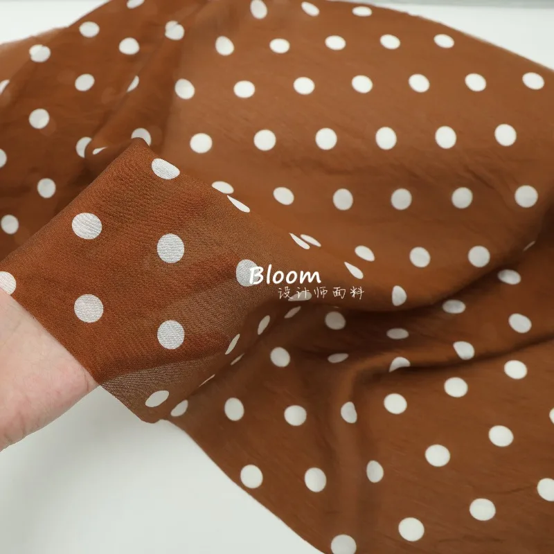 Caramel Brown Polka Dot Printed Lyocell  Polyester Linen Fabric Thin Slightly Transparent Texture Shirt Hanfu Skirt Fabric