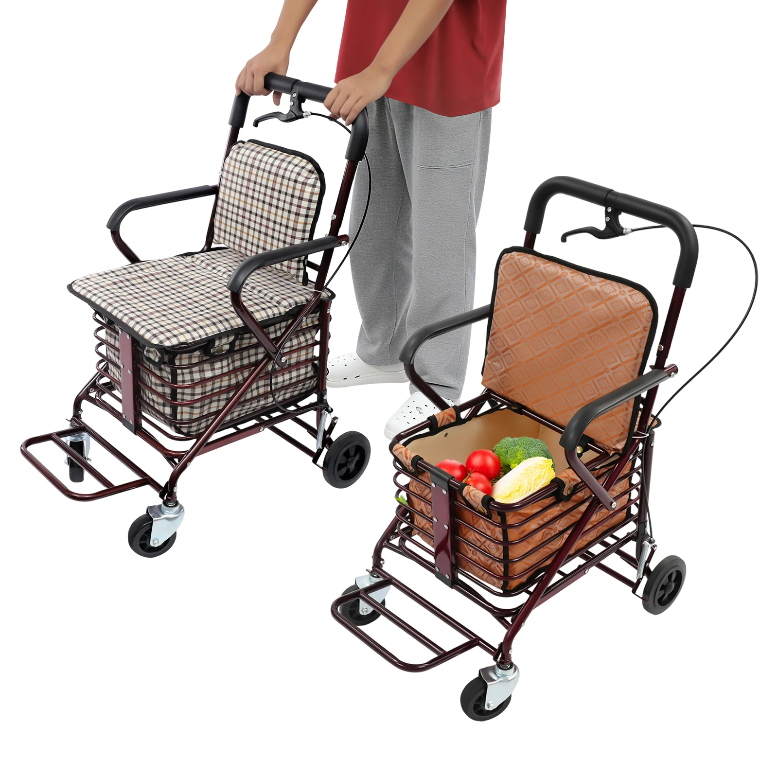Andador rodante con frenos para personas mayores, carrito de compras plegable con asiento para personas mayores, marrón/rojo vino