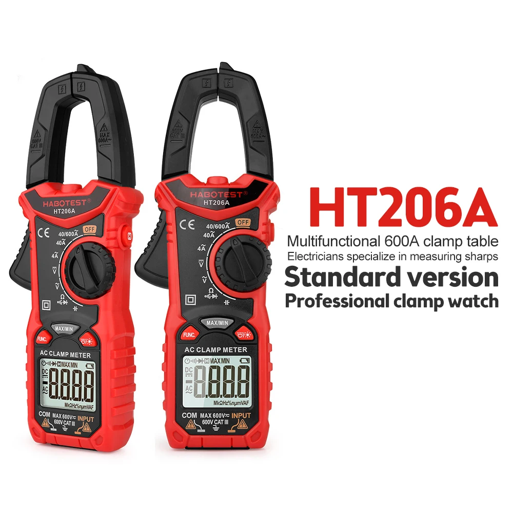 HT206A HT206B HT206D Digital Clamp Meter TRMS 600A Voltage Ammeter NCV Continuity Resistance Diode Hz Test Ohm Tester