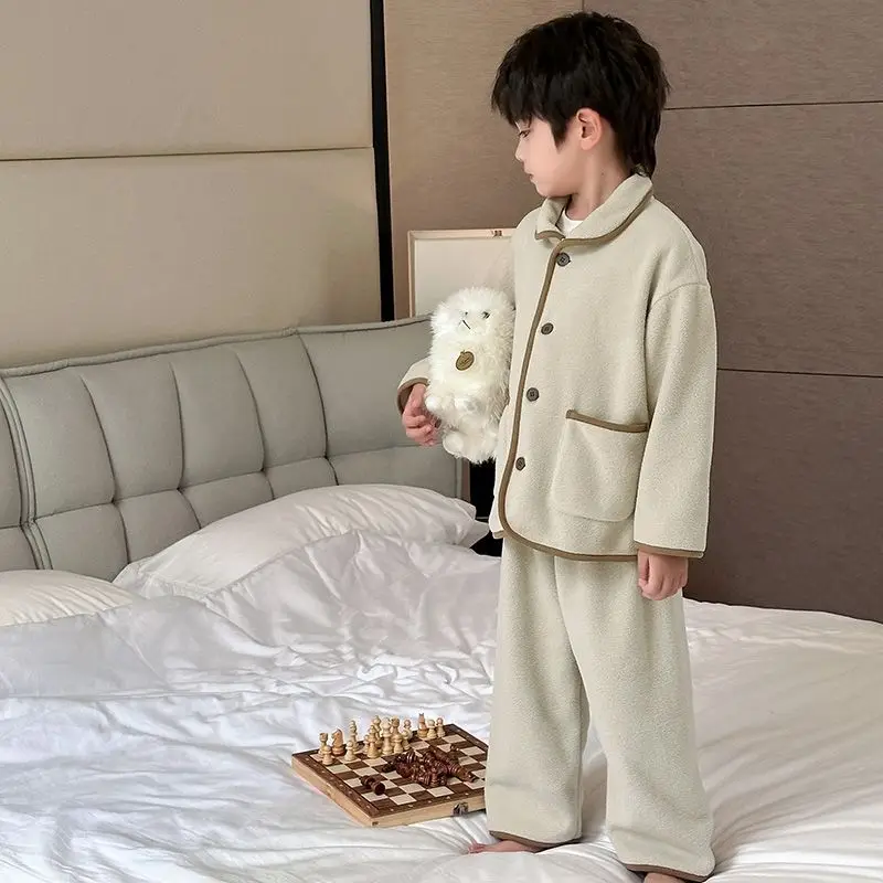 Children's Pajamas Fall Models Shaking Grain Velvet Baby Home Clothing in Thick Sets of Fall Winter Boys Spring Fall Home Wear