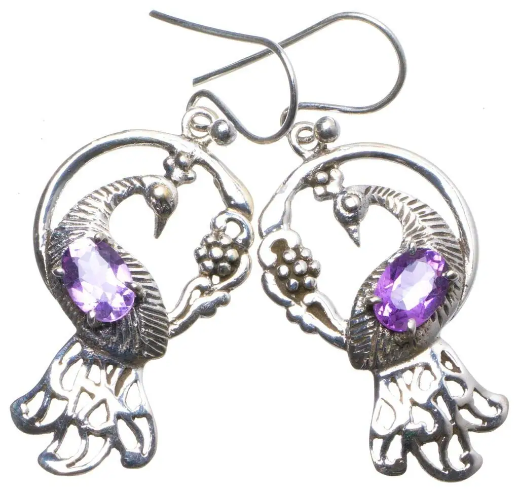 StarGems® Natural Amethyst Handmade Unique Peacock Shape 925 Sterling Silver Earrings 1.5