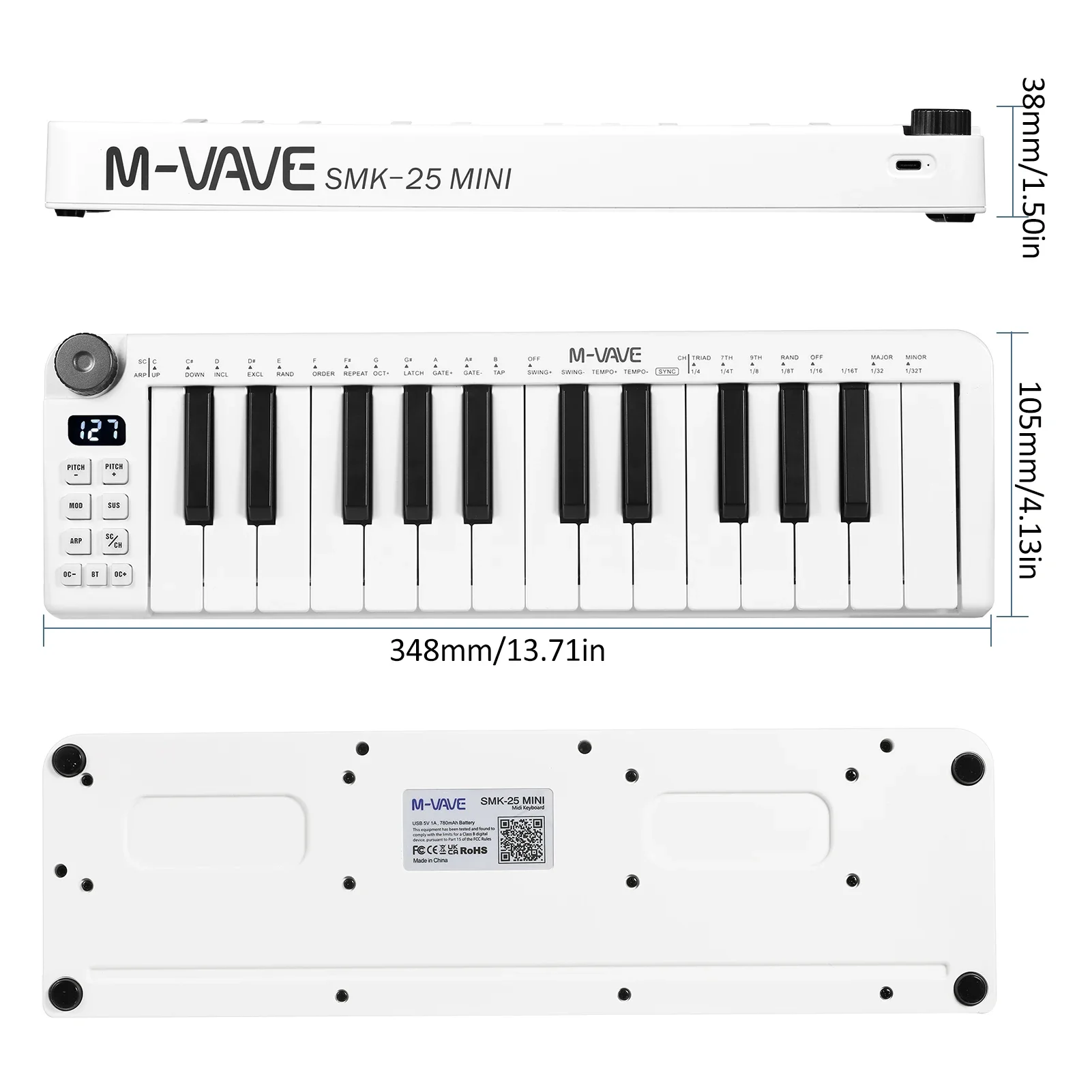 M-VAVE SMK-25 25 Key Rechargeable MIDI Keyboard USB Portable MIDI Controller RGB Pad for Music Production Stage Studio Recording
