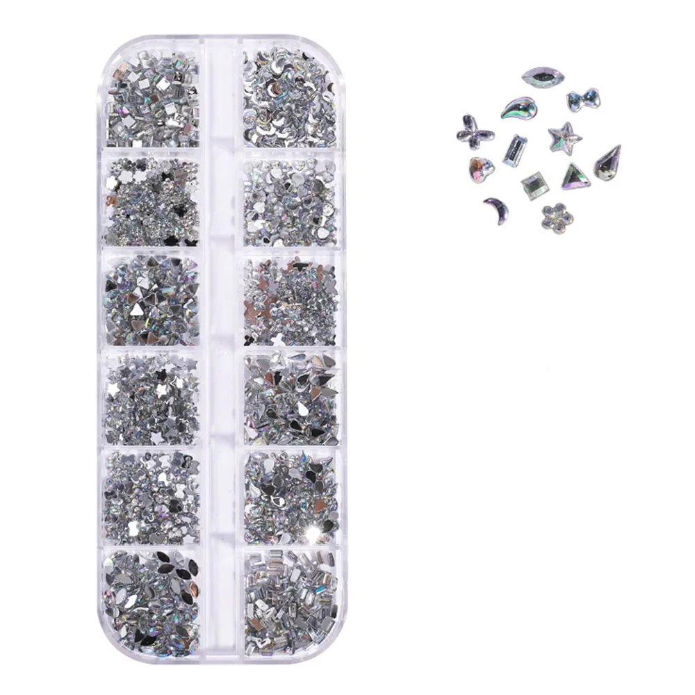 12 griglie AB/Bianco/Rosa Rotondo Flatback Nail Art Charms Misto Stella/Luna/Amore/Fiore/Arco Diamante Party Fai da te Lucido Manicure Strass