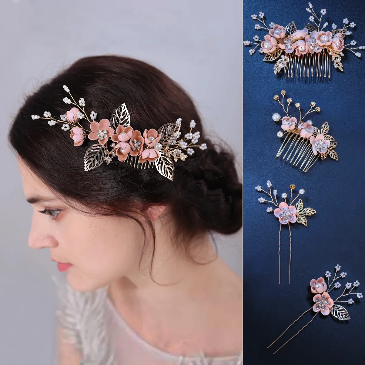 

Pink/Blue Flower Bridal Hair Comb and Hairpins Pearl Wedding Hair Accessories Flower Head Piece For Women Ladies Hair Jewelry