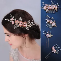 Pink/Blue Flower Bridal Hair Comb and Hairpins Pearl Wedding Hair Accessories Flower Head Piece For Women Ladies Hair Jewelry