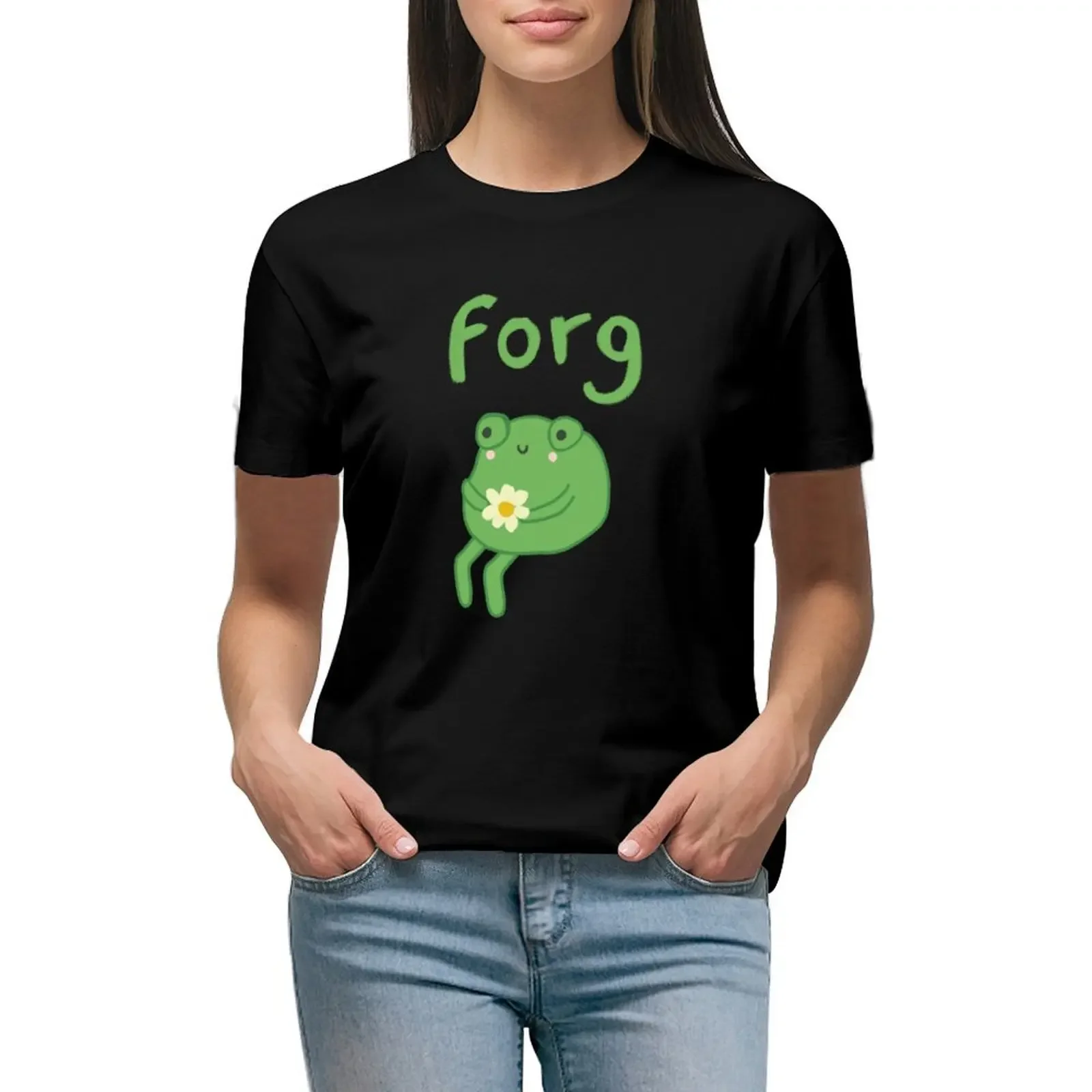 

Funny Frog Birthday Cake: Cute Cottagecore Aesthetic with Sad Anime Toad Sitting with Flower T-Shirt blanks Women clothing