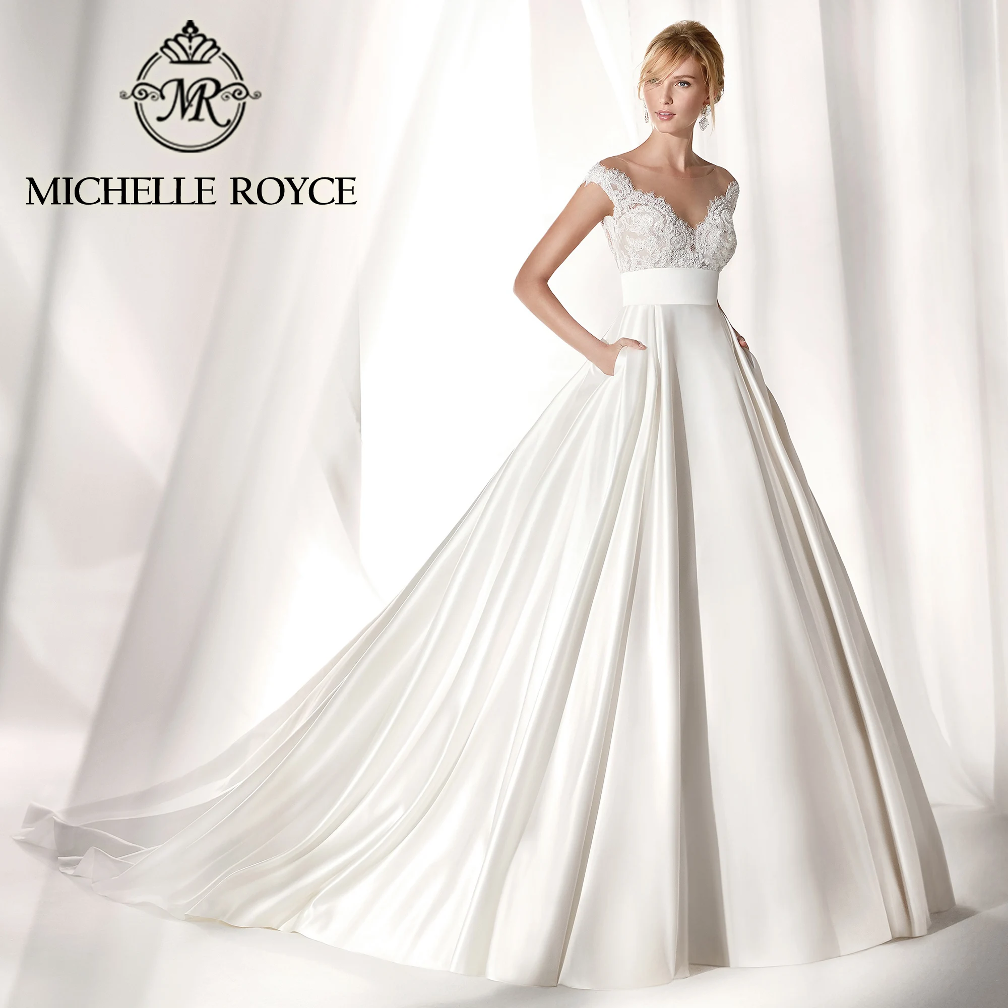 

Michelle Royce Ball Gown Wedding Dress 2023 Classy Sweetheart Empire Appliques Court Train Satin Wedding Gown Vestidos De Novia