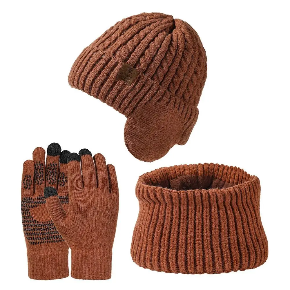 3Pcs/set Winter Warm Beanie Hat Scarf Knitted Soft Touch Screen Gloves Windproof Woolen Fleece Lining Scarves for Men Women