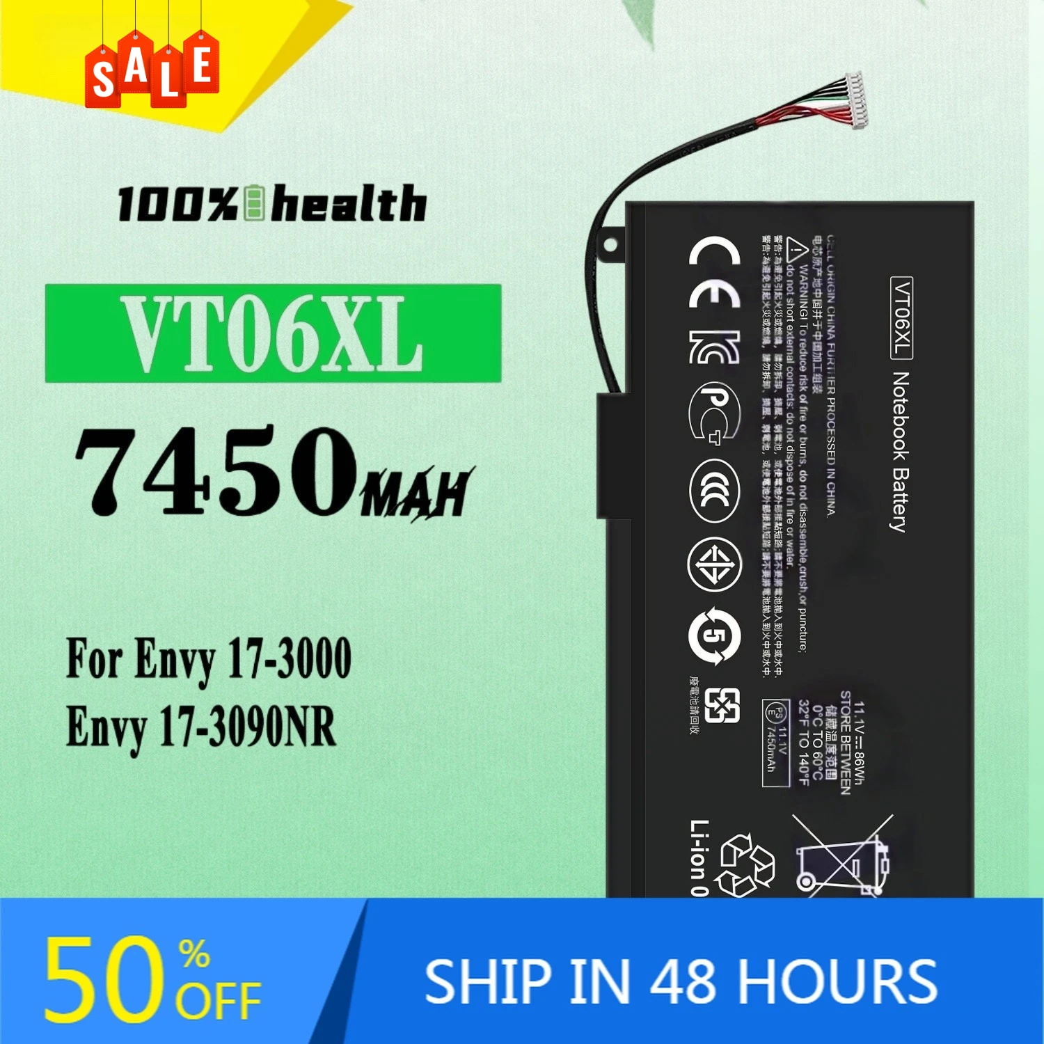 

VT06XL 7450mAh Laptop Battery for HP Envy 17-3000 Envy 17-3090NR Lithium Rechargeable Battery