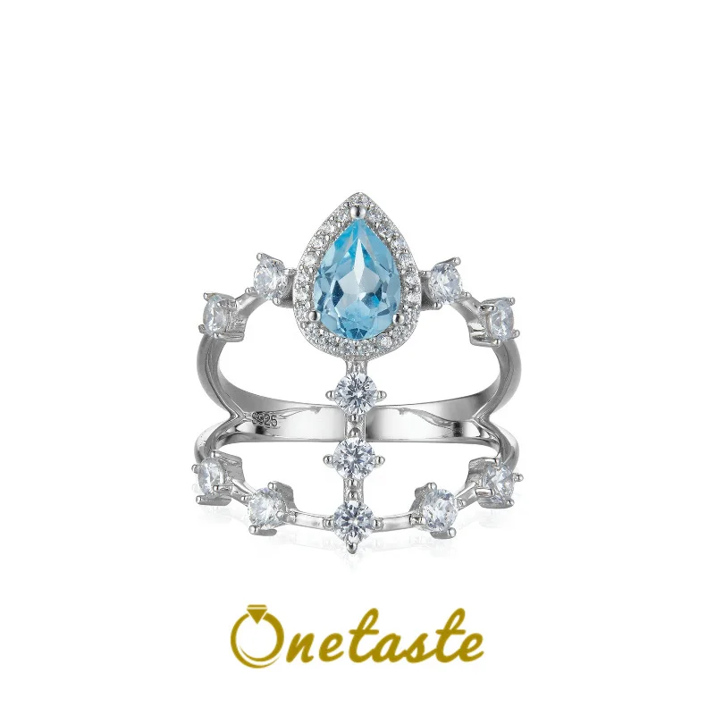 Natural Topaz 925 Sterling Silver Crown Shaped Chic Rings For Women Blue Stone 5A Ziron Luxury Ring Fine Jewelry 2024 New Gift