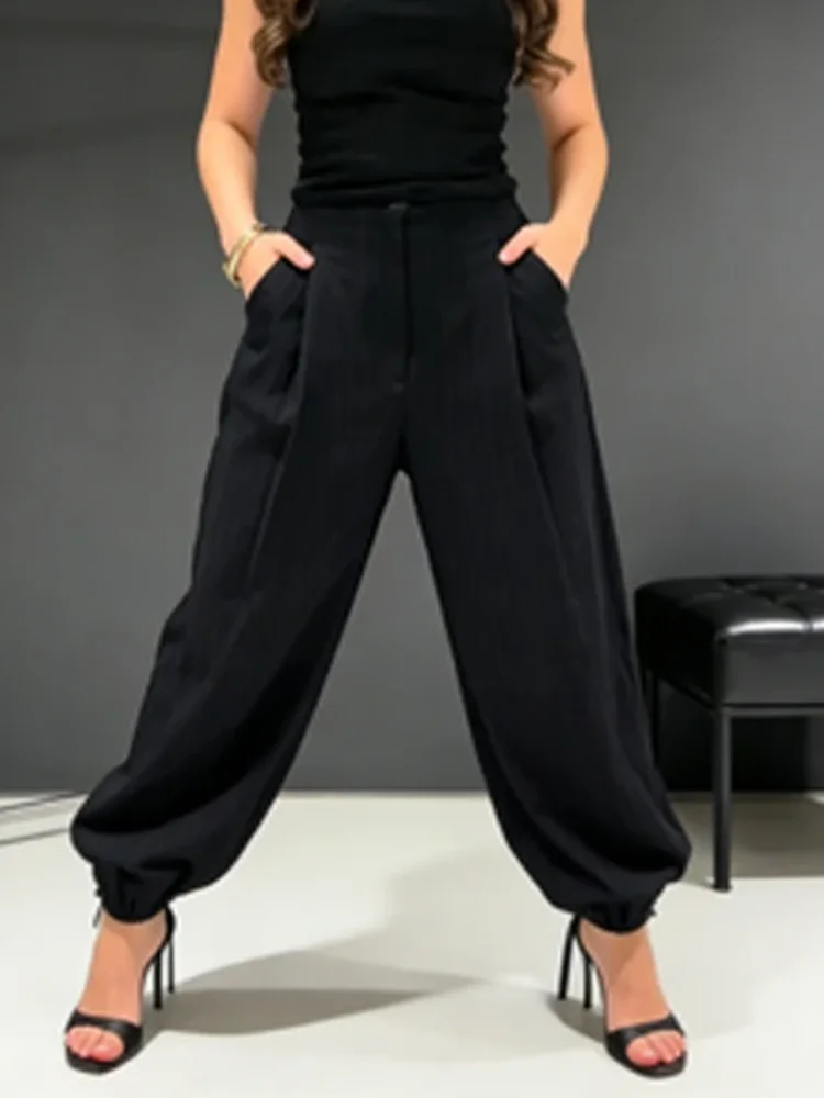 ソリッドブラックバギーハーレムパンツ女性のカジュアル弾性カフハイウエストルーズパンツ 2026 新作春秋シックなストリートウェア