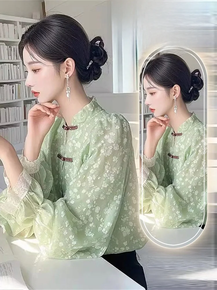 

plus Size Green Chiffon Bubble Sleeve Shirt Vintage Chinese Style Women's Loose Fitting Slimming Spring Top by HZVZ