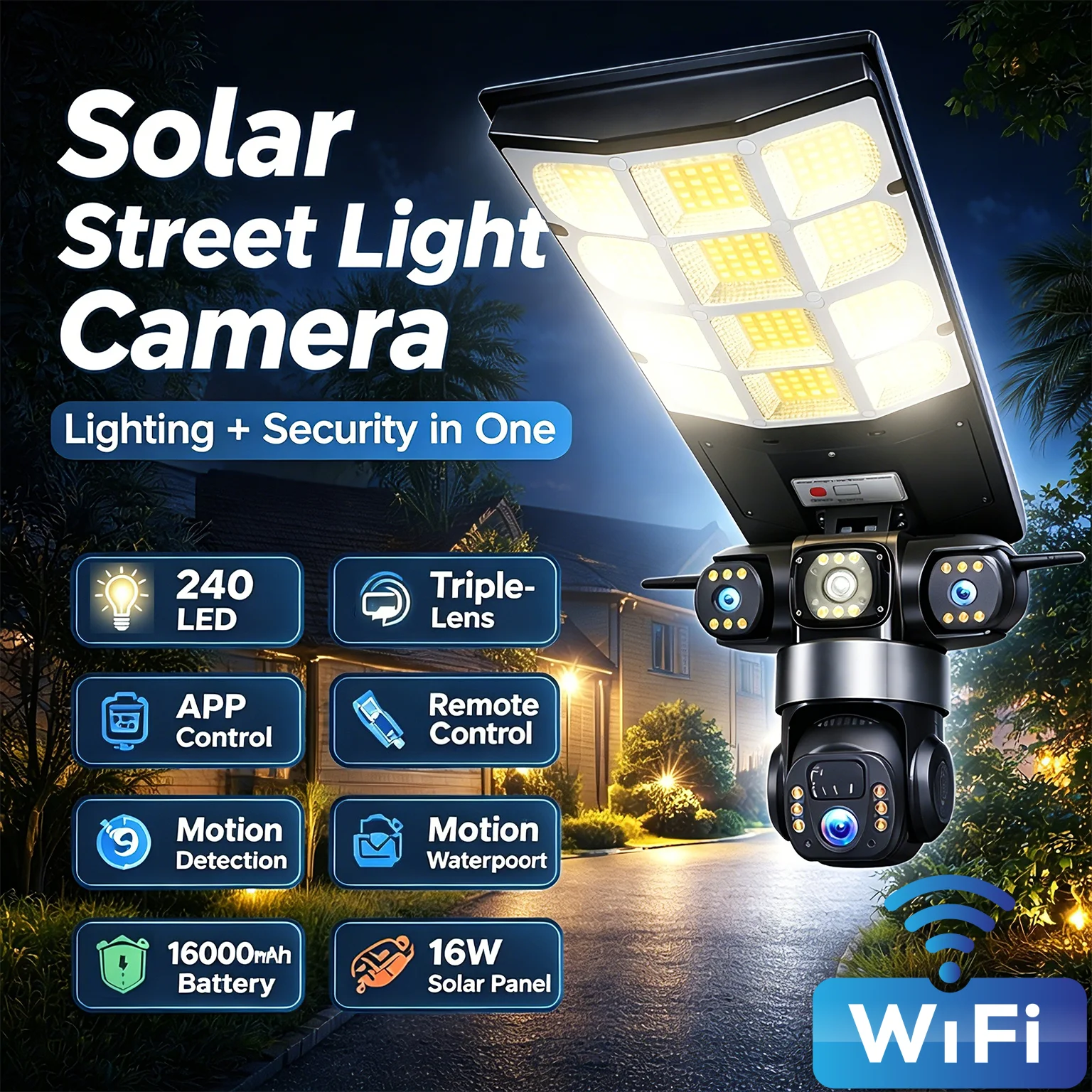 WiFi Solar Street Light Camera 15MP Triple Lens 10X Zoom 16W Solar Panel LED Night Vision CCTV Security V380 Pro Remote Control