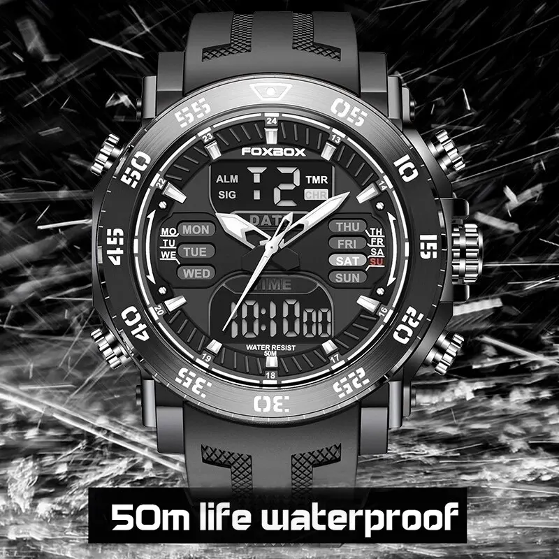 FOXBOX Digital Men Military Watch 50m Waterproof Wristwatch LED Quartz Clock Sport Watch Male Big Watch Men Relogios Masculino