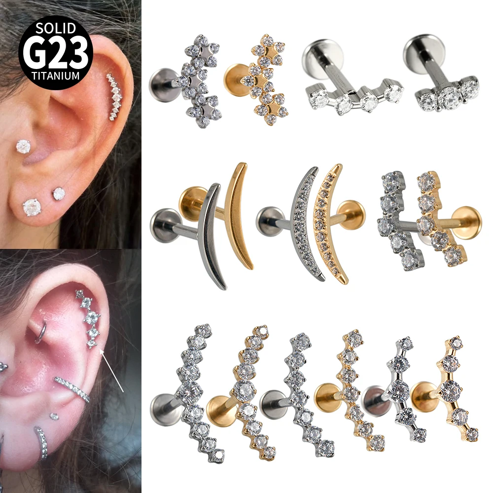 1PC G23 Solide Titan CZ Blume Mond Knorpel Ohrring Stud Innengewinde Helix Ohr Tragus Gold Farbe Piercing schmuck