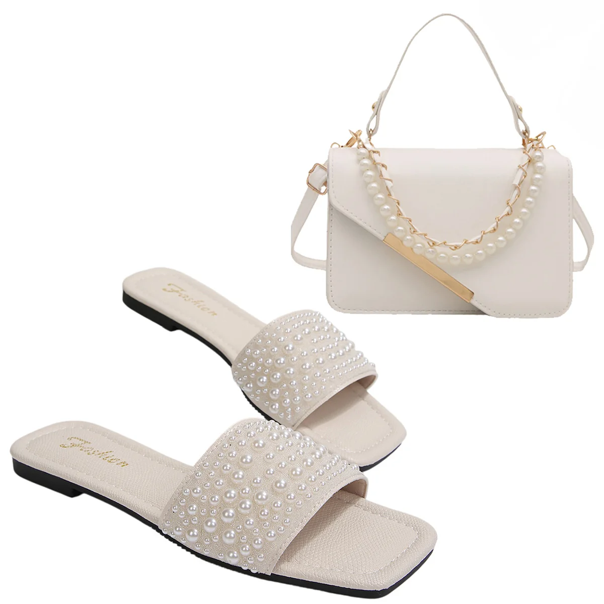 

New Summer Women's Shoes White Pearl Woven Flat Sandals For Outdoor Wear Beach Sandals Fashionable Single Shoulder Crossbody Bag
