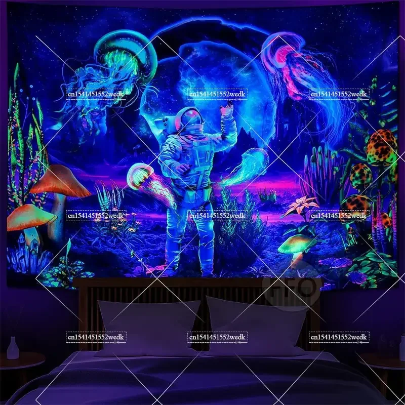 Aesthetic Blacklight Astronaut Space Tapestry Galaxy Universe Tapestries Glow In The Dark Tapestry Black Light UV Wall Decor