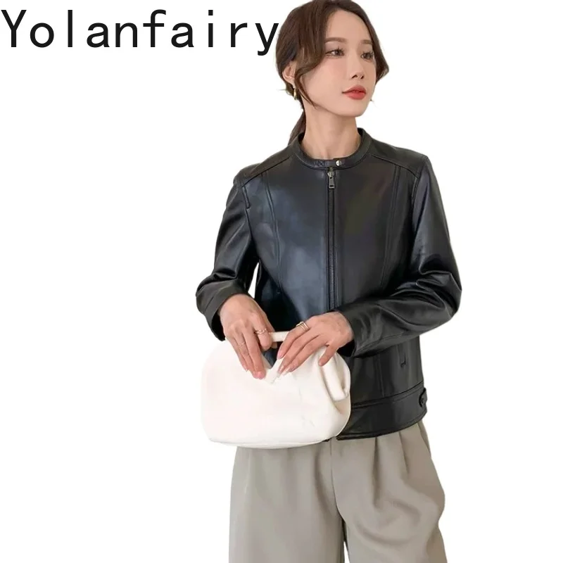 YOLANFAIRY 2026 High Quality 100% Genuine Leather Jacket Women Short Stand Collar Real Sheepskin Leather Coat Fashion Black Top
