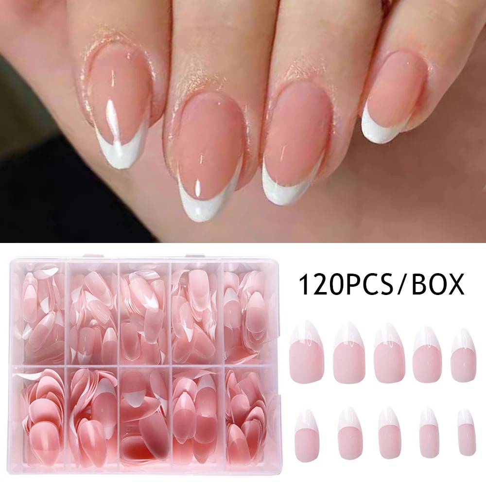 

120Pcs Simple Long Almond Fake Nails White French Press On Nails Full Cover Detachable Nude Pink Nail Tips Nail Tips Manicure
