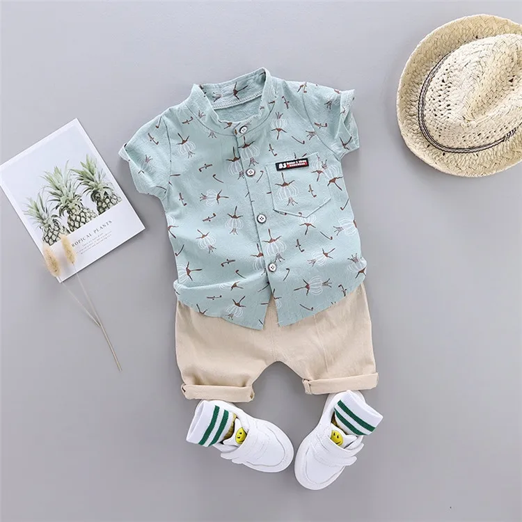 New summer boys\' formal suit cotton printed shirt with shorts boys\' birthday party suit casual boys\' clothing 1 2 3 4 years old