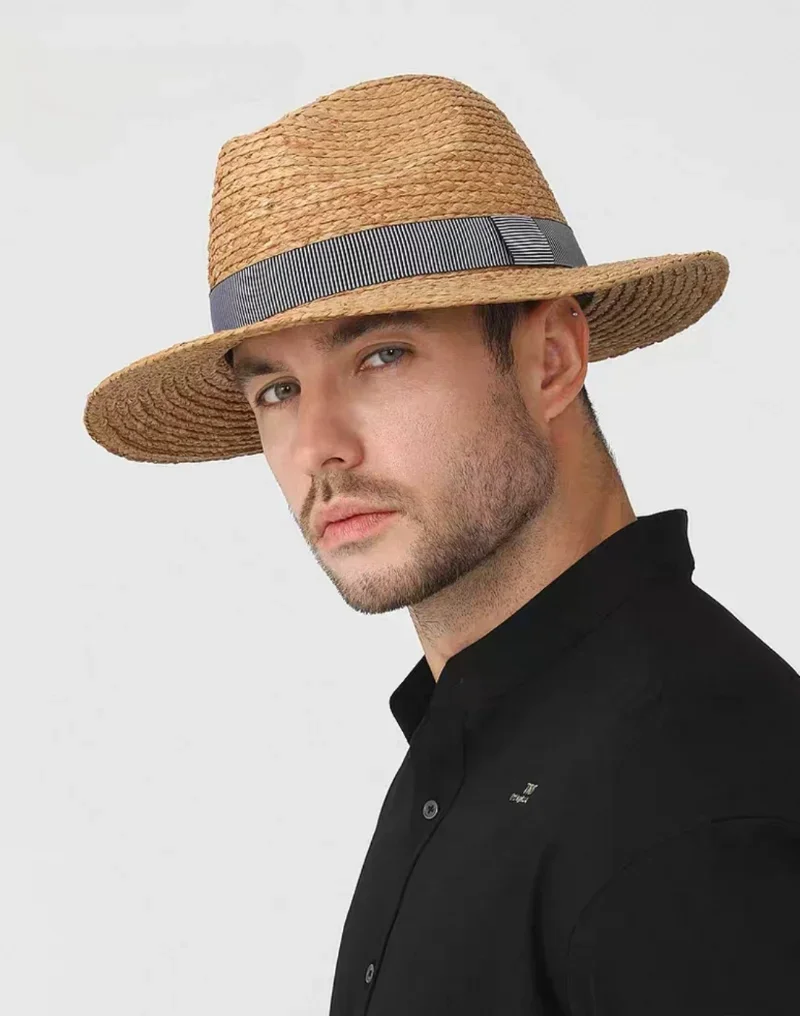 Large Size Natural Raffia Jazz Straw Hat for Men Women Wide Brim Summer Sun Hat UPF50+ Travel Panama