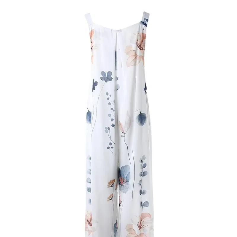 Floral Print Wide Leg Suspender Jumpsuit 2024 New Summer Jumpsuits One Piece Women Wide Leg Long Pants Overalls Loose Rompers