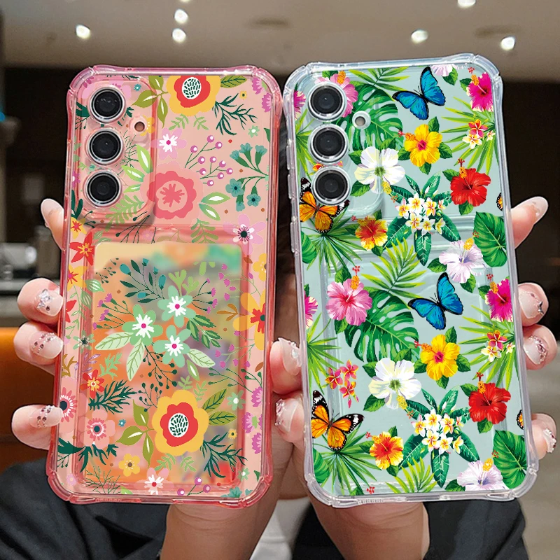 Floral Card Slot Case For Samsung S26 S25 Ultra S24 FE S23 Plus S22 S21 A15 A16 A17 A35 A36 A37 A54 A55 A56 A57 5G Card Cover