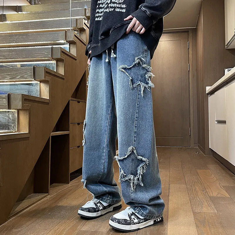 

Hip Hop Streetwear Men's Cotton Denim Pants 2025 Spring Autumn Youth Casual Straight Jeans Cowboy Loose Drawstring Waist Trouser