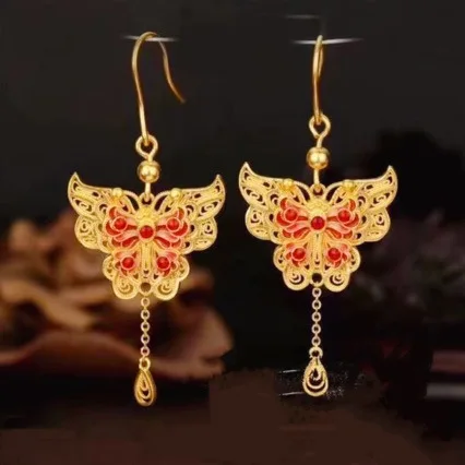 

24K gold new earrings filigree enamel earrings butterfly AU999 earrings enamel tassel pure gold earrings