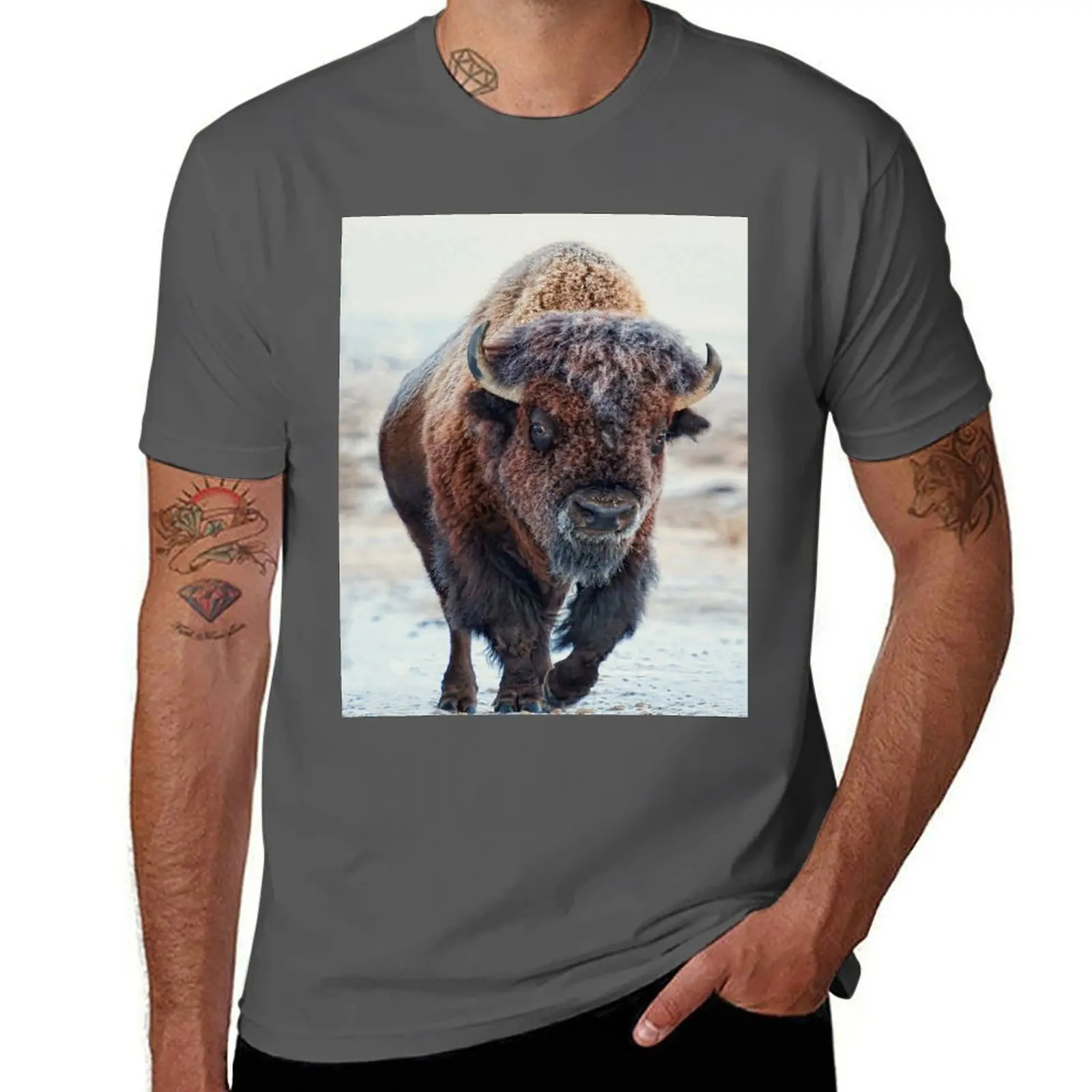 

A snow-covered American Bison Roams Yellowstone National Park T-Shirt fashion shirts tshirts personalised anime shirts men