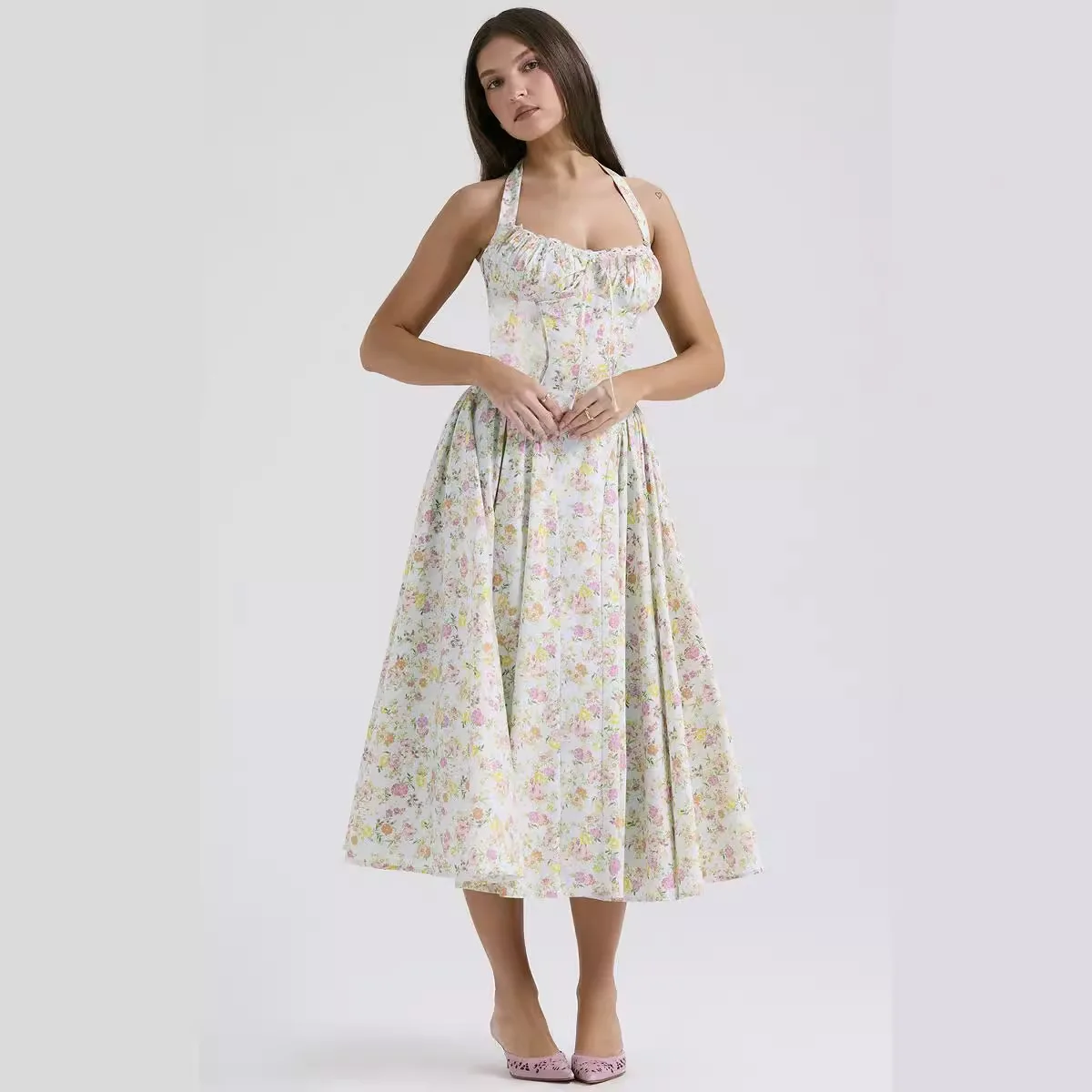 E Vestido de Encaje con Estampado Moderno, Verano, Corte Ajustado, Escote Strapl, Dobladillo Cole, Falda de una...
