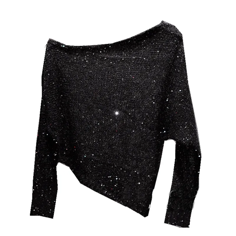 Irregular Sloping Shoulder Hollow-out The Knitting Coat Fall Clothes for Women Fashion Sexy Aesthetic Sweater Sequined