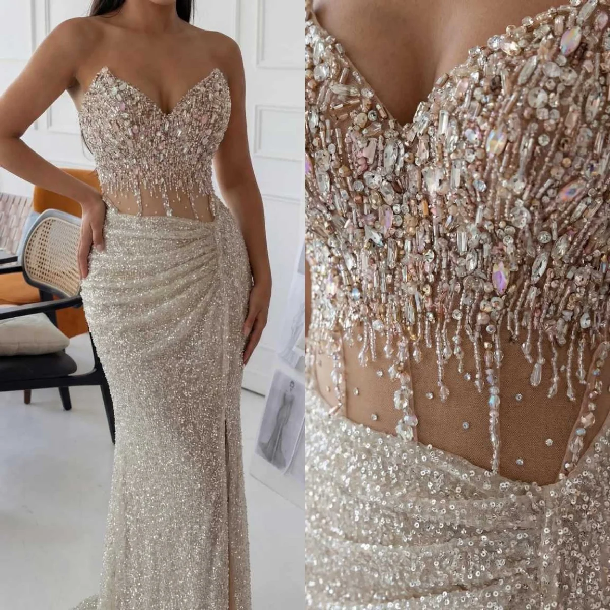 

Sparkly Crystals Mermaid Wedding Dresses Strapless Sleeveless Bridal Gowns Floor Length Sequins Engagement Party Customized