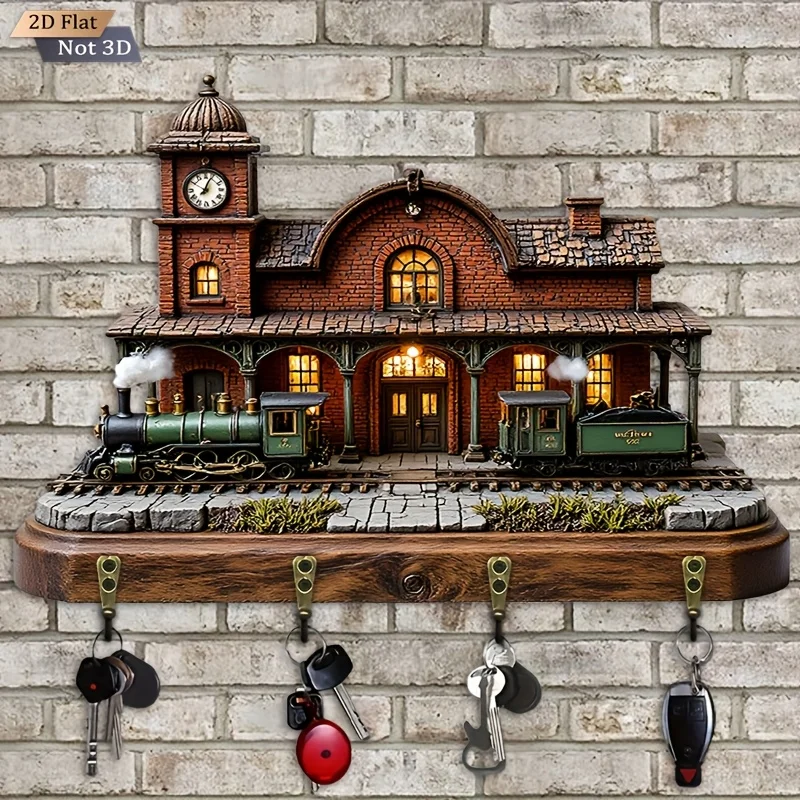 2D Flat. 1pc. Retro Train Platform Theme Key Hook - Multi-Functional Decorative Key Holder with Four Metal Hooks, Wall