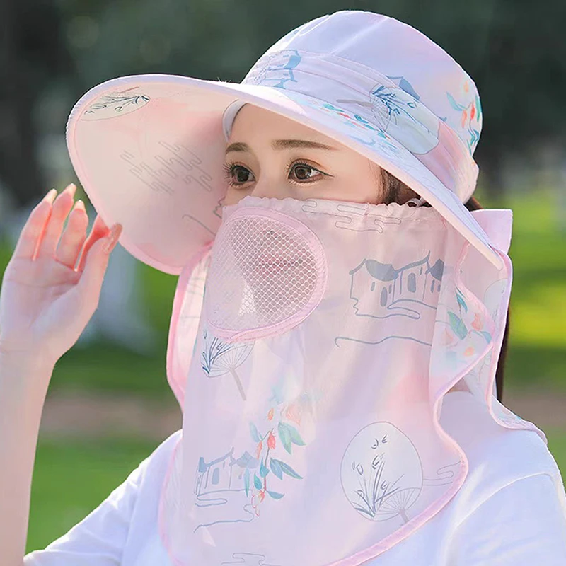 Sun Hat Woman Summer Women's UV Protection Cap Outdoor Travel Cycling Face Mask Hat Shawl Hats Windproof Removable Tea Picking