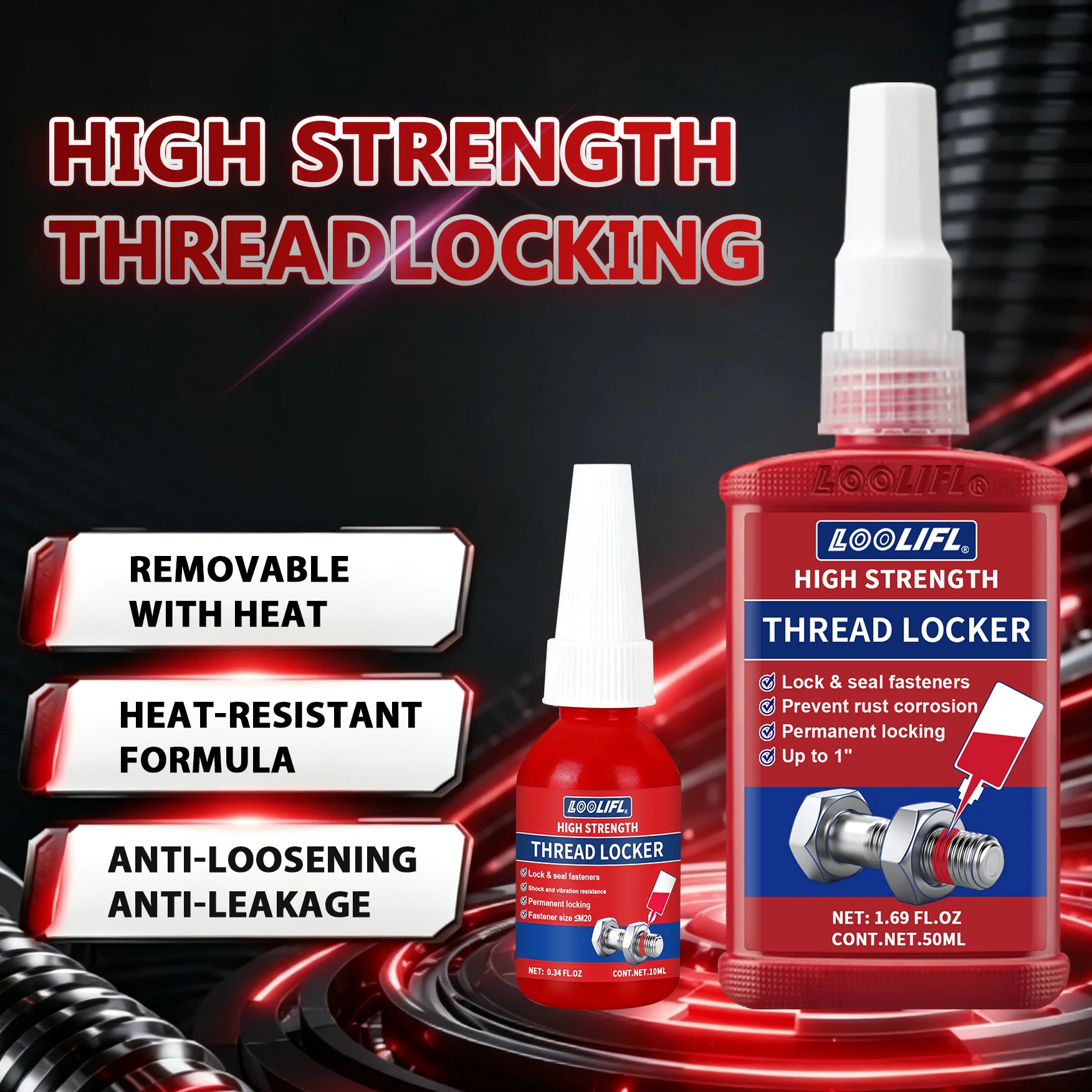 Loolifl 10ml 50ml Thread Locker Screw Glue Blue Red Medium High Strength Anti-Loose Thread Sealant Metal Bolt Lock Adhesive