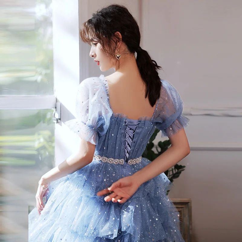 Romantic Blue Evening Dress Fashion Sequin Princess Cake Dresses Elegant Backless Lace Up Mid length Birthday Party Gown