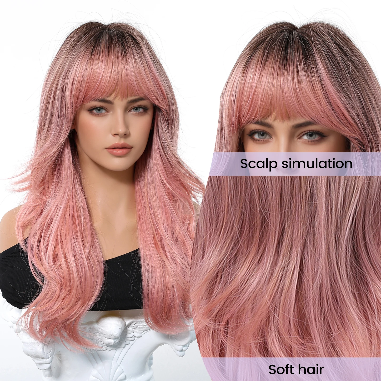 Long Wavy Pink Wig with Bangs Ombre Rose Blonde Synthetic Heat Resistant Fiber Natural Looking for Women Cosplay Party