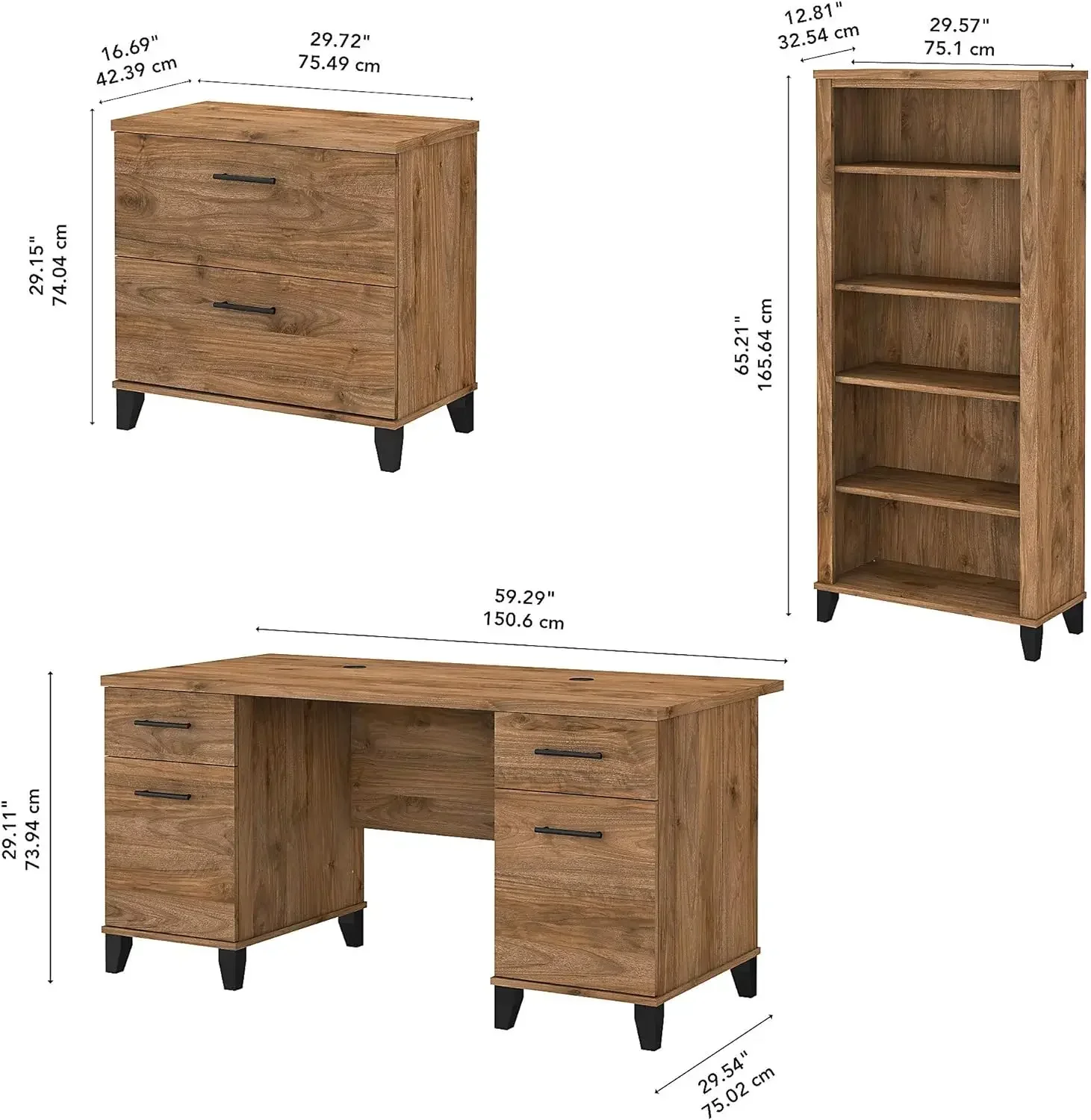 Somerset 60W Bureau Met Laterale Archiefkast En 5 Plank Boekenkast In Verse Walnoot