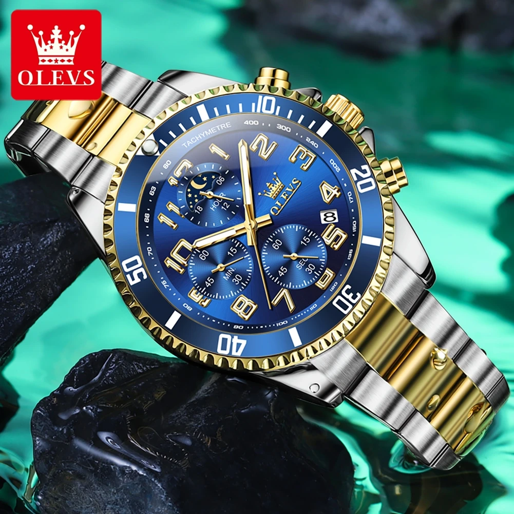OLEVS Watch 2926 Original Gold Mens Watch Multifunctional Chronograph Quartz Watch Waterproof Moon Phase Watches Box Gifts