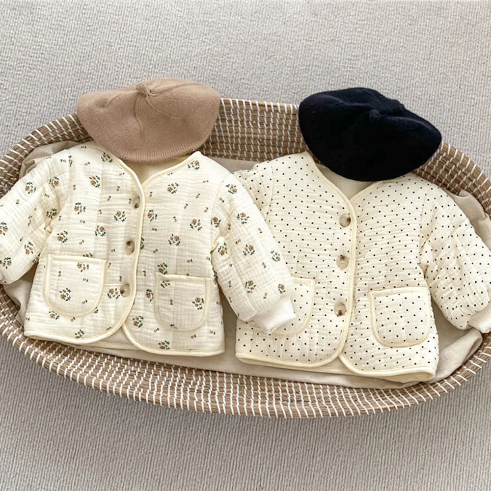 

Baby Winter Clothes Jackets For Girl Korean Floral Print V-Neck Outerwear Thickened Warmth Newborn Infant Top Outerwear 0-3 Year