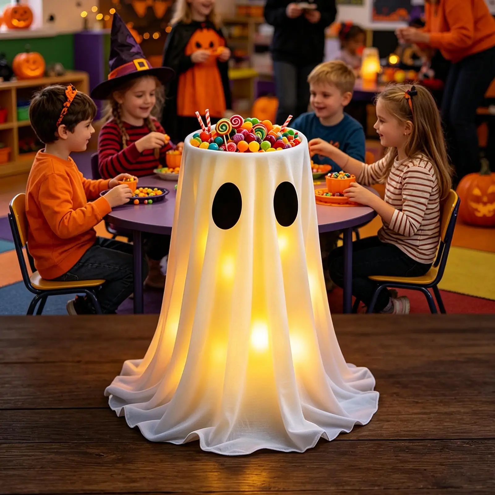

Ghost Halloween Decorations Spooky Candy Bowl with 8 Modes LED Lights Standing Ghosts Halloween Candy Holder for Outdoor Front