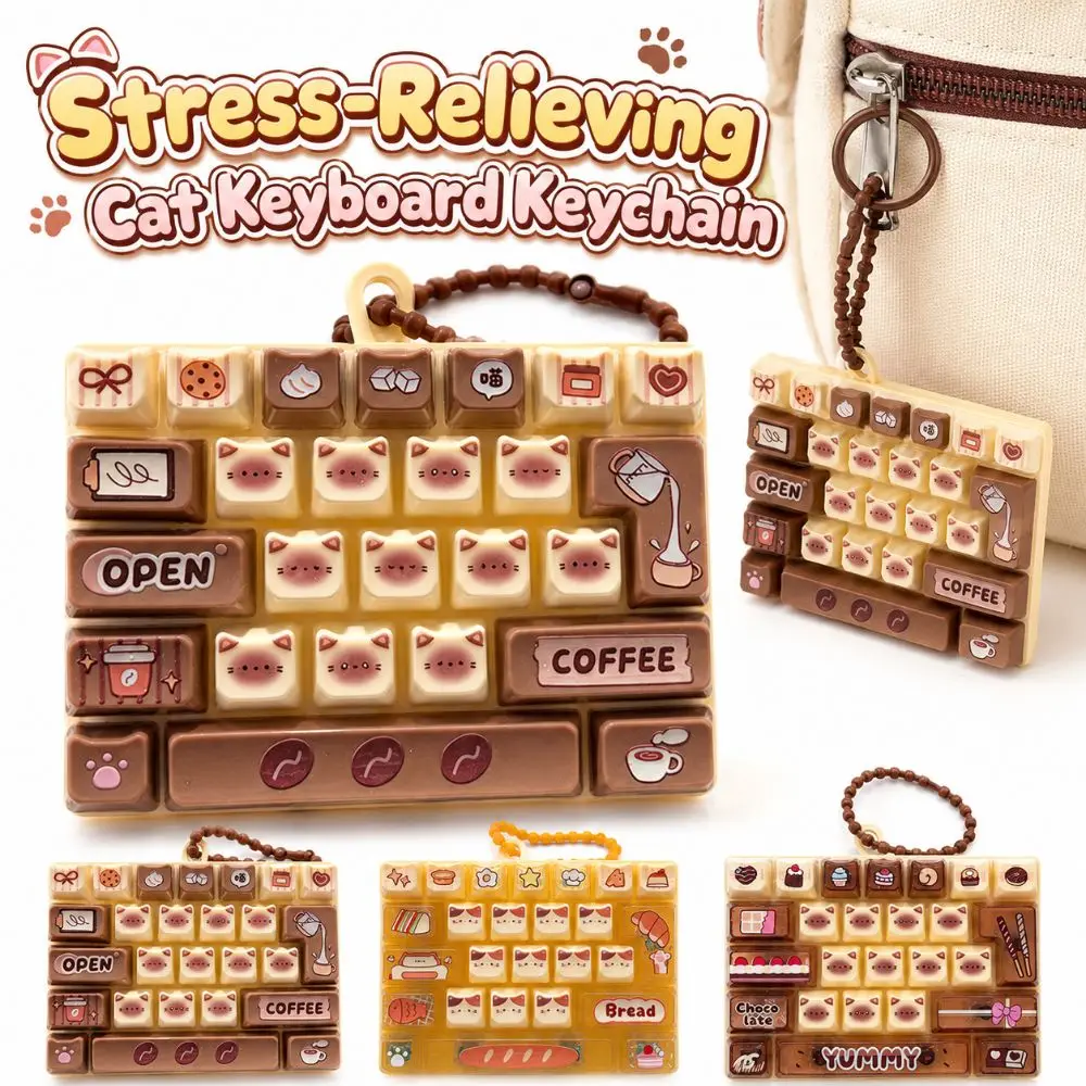 Cartoon Cat Keyboard Stress Relief Keychain Key Button 26 Keys Keyboard Squeeze Stress Relief 3Styles Bookbag Pendant
