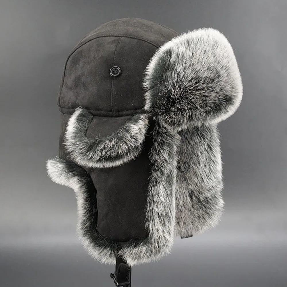 Ushanka Winter Skiing Cycling Cold Protection Windproof Earflaps Wool Hat Black Men Women Imitation Fur Fluffy Hat