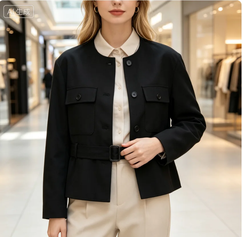 Women's Round Neck Multi-Functional Short Jacket  Single-Breasted, Long Sleeve Black Casual Commuter Coat  Autumn Commuter Jack