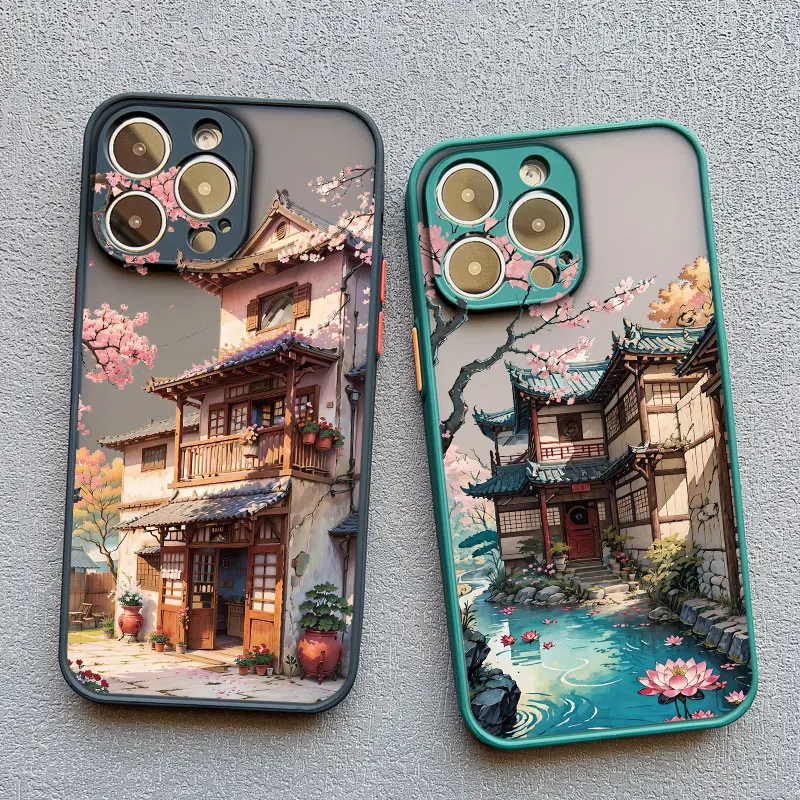 Vintage Oil Painting House Phone Case For iPhone 16 15 7 8 Plus SE2 XR XS X 11 13 12 Pro MAX Mini 14 Pro Max Flower Cover